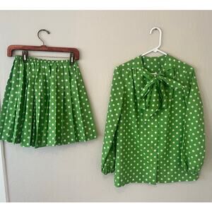 Women's Lime Green White Polka Dot Vintage 2 piece blouse top skirt  Sz. Med